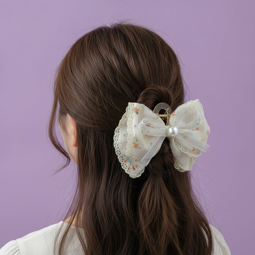 Cream Floral Lace Hair Claw With Pearl – hair accessories (view 3)