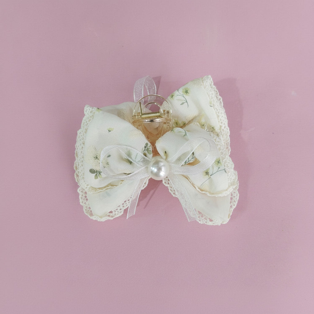 Cream Lace Pearl Bow Hair Claw Clip – hair accessories (view 2)