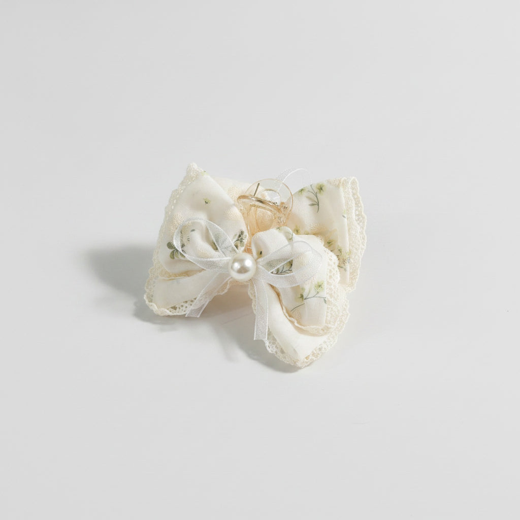 Cream Lace Pearl Bow Hair Claw Clip – hair accessories (view 1)