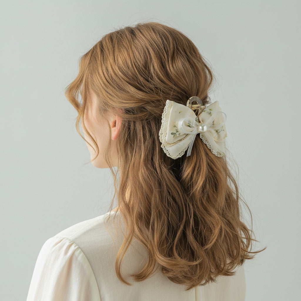 Cream Lace Pearl Bow Hair Claw Clip – hair accessories (view 3)