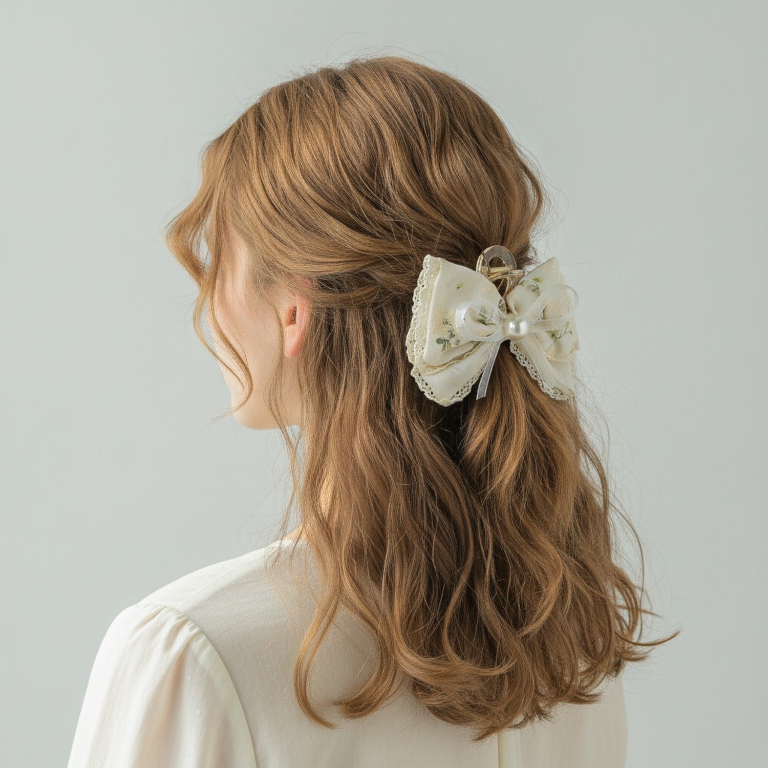 Cream Lace Pearl Bow Hair Claw Clip