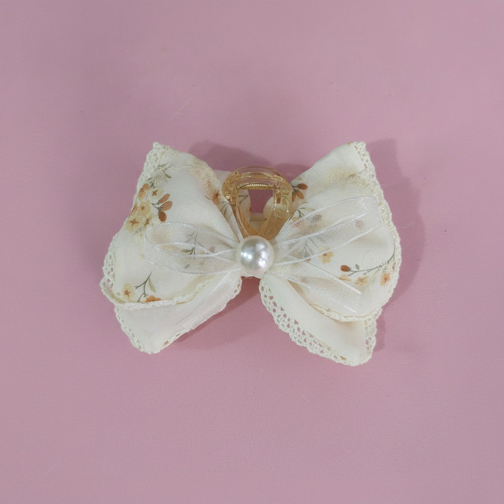 Cream Floral Lace Hair Claw With Pearl – hair accessories (view 2)