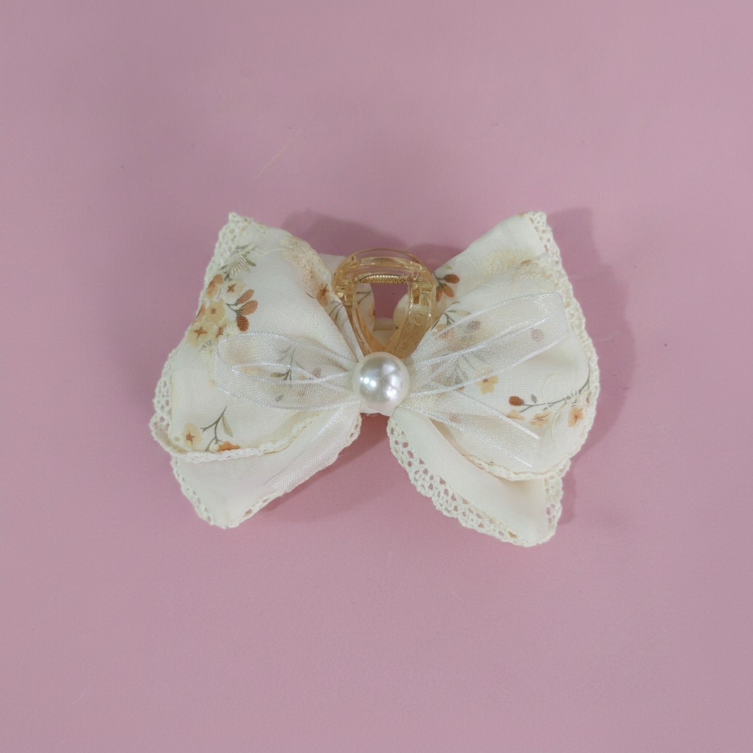 Cream Floral Lace Hair Claw With Pearl