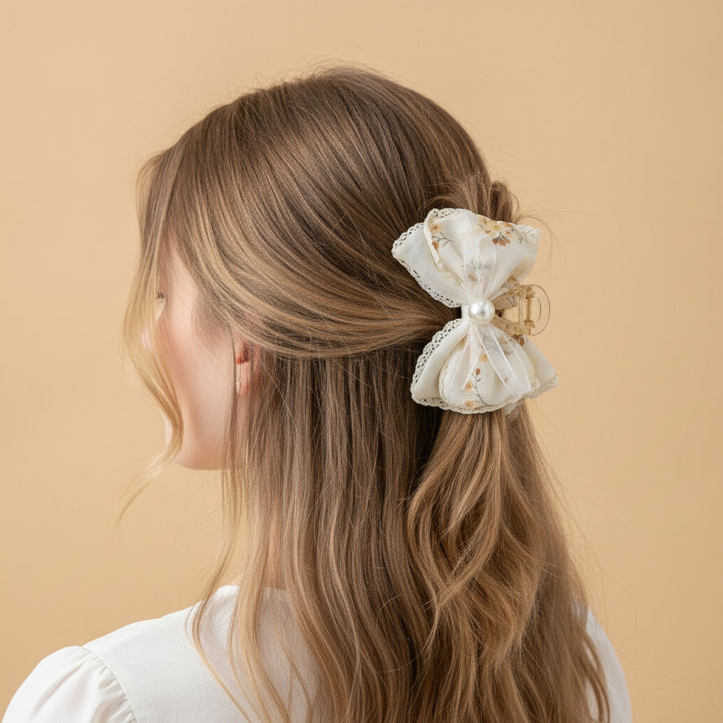 Cream Floral Lace Hair Claw With Pearl – hair accessories (view 3)