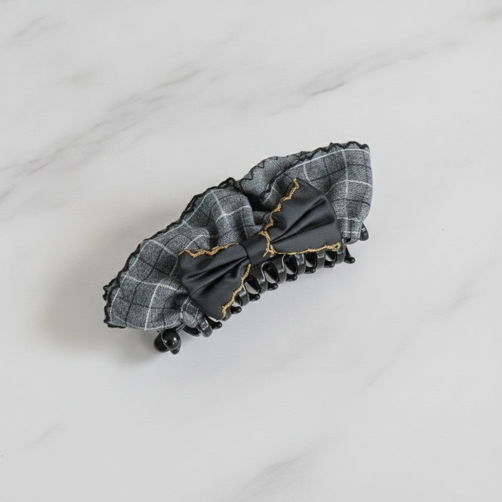 Plaid Hair Claw With Gold Chain Bow – hair accessories (view 3)