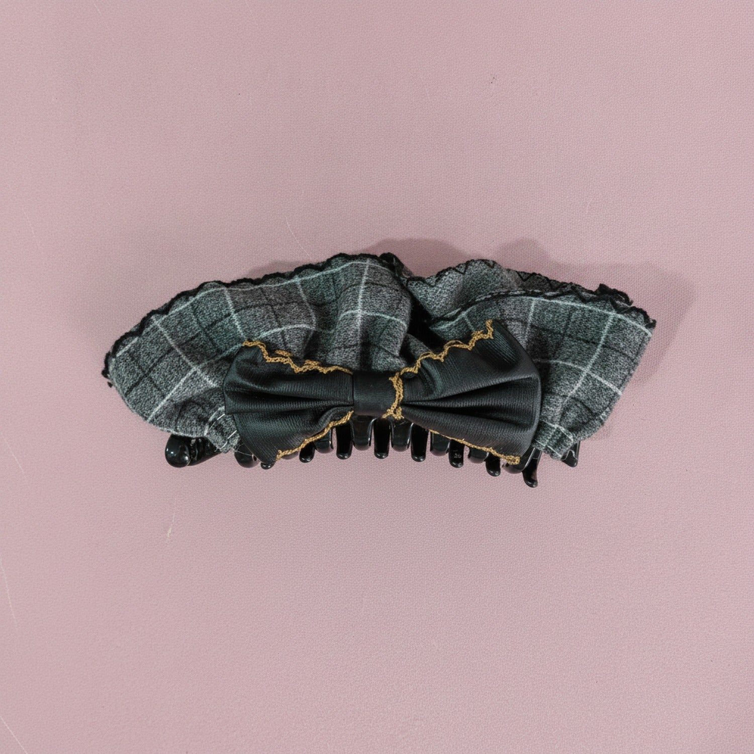 Plaid Hair Claw With Gold Chain Bow