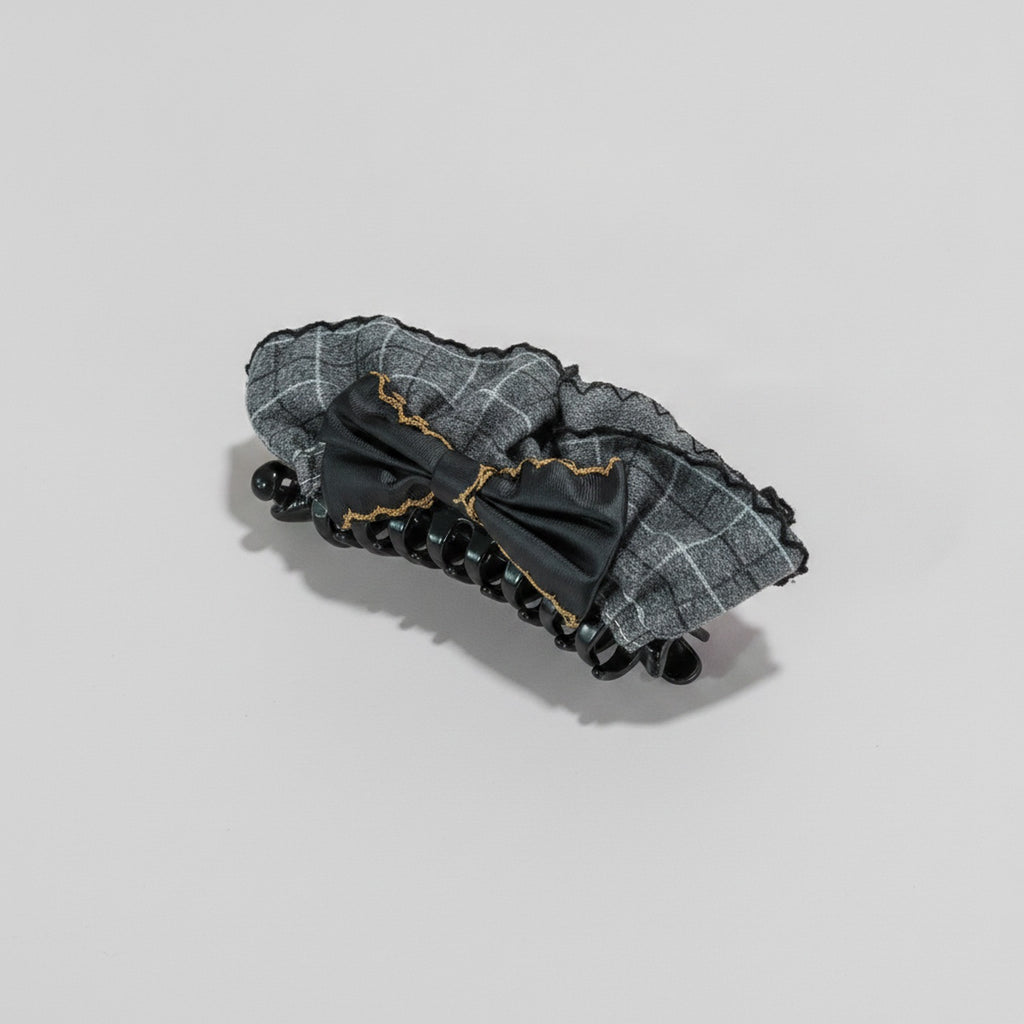 Plaid Hair Claw With Gold Chain Bow – hair accessories (view 1)