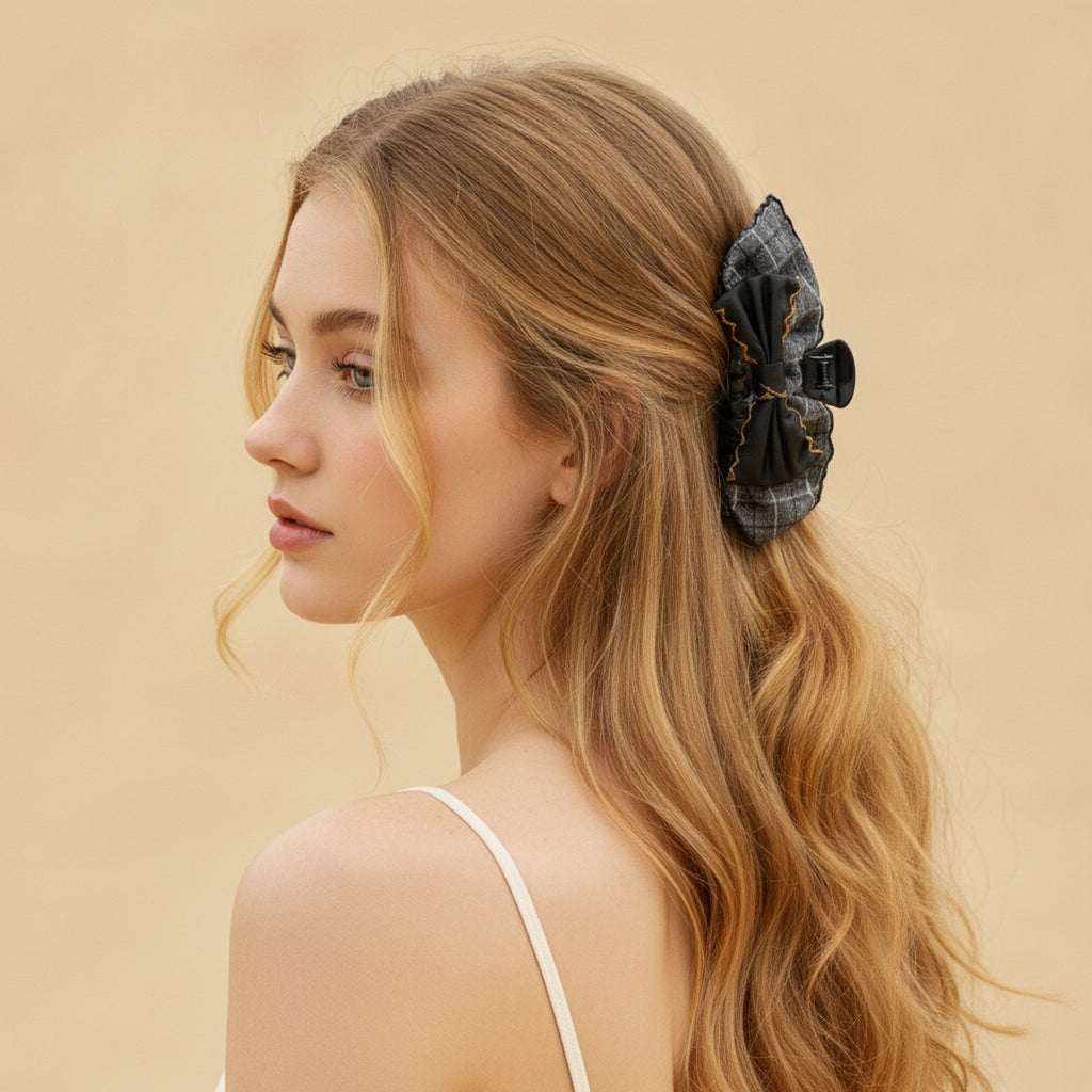 Plaid Hair Claw With Gold Chain Bow – hair accessories (view 2)