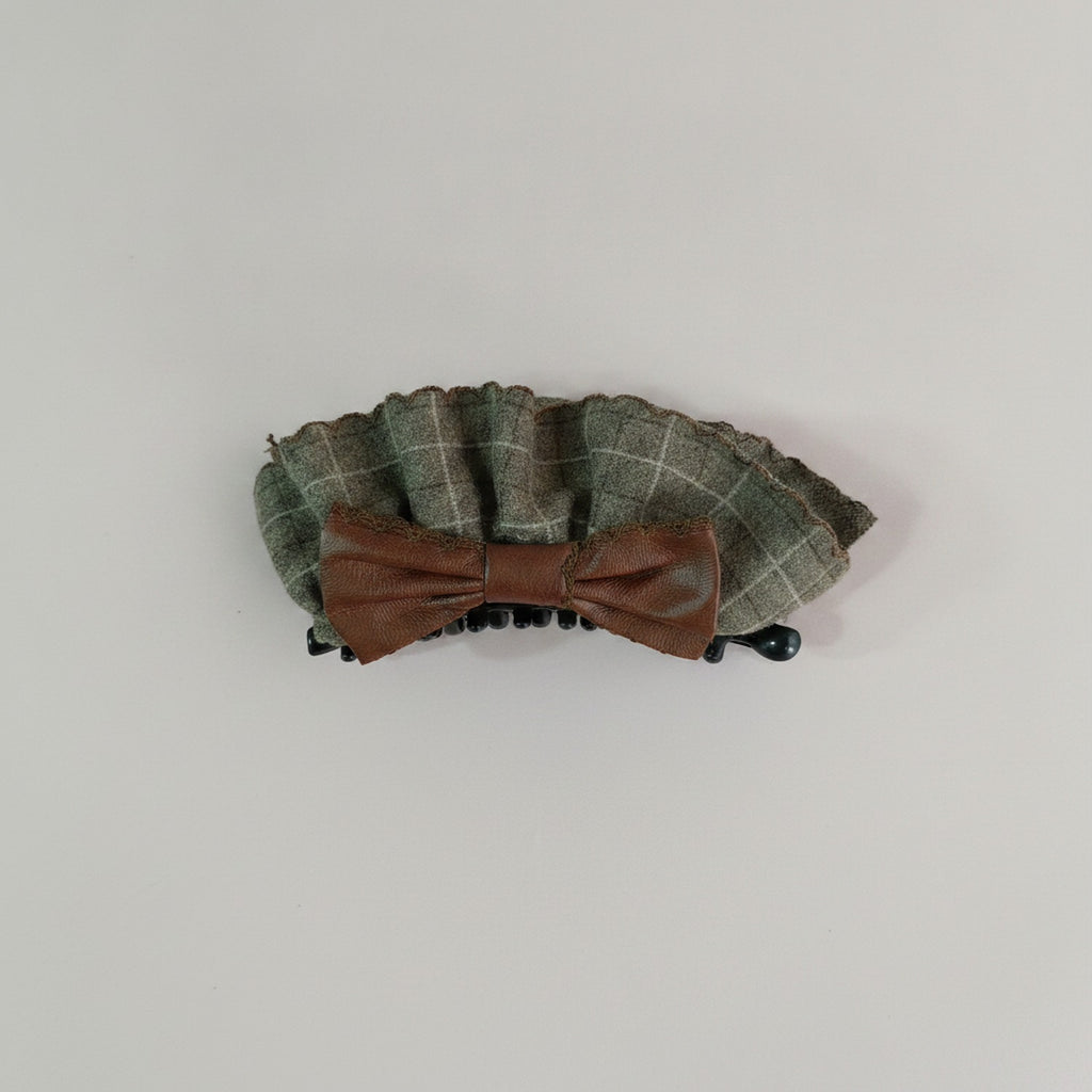Green Plaid Wool Hair Claw With Brown Bow – hair accessories (view 1)
