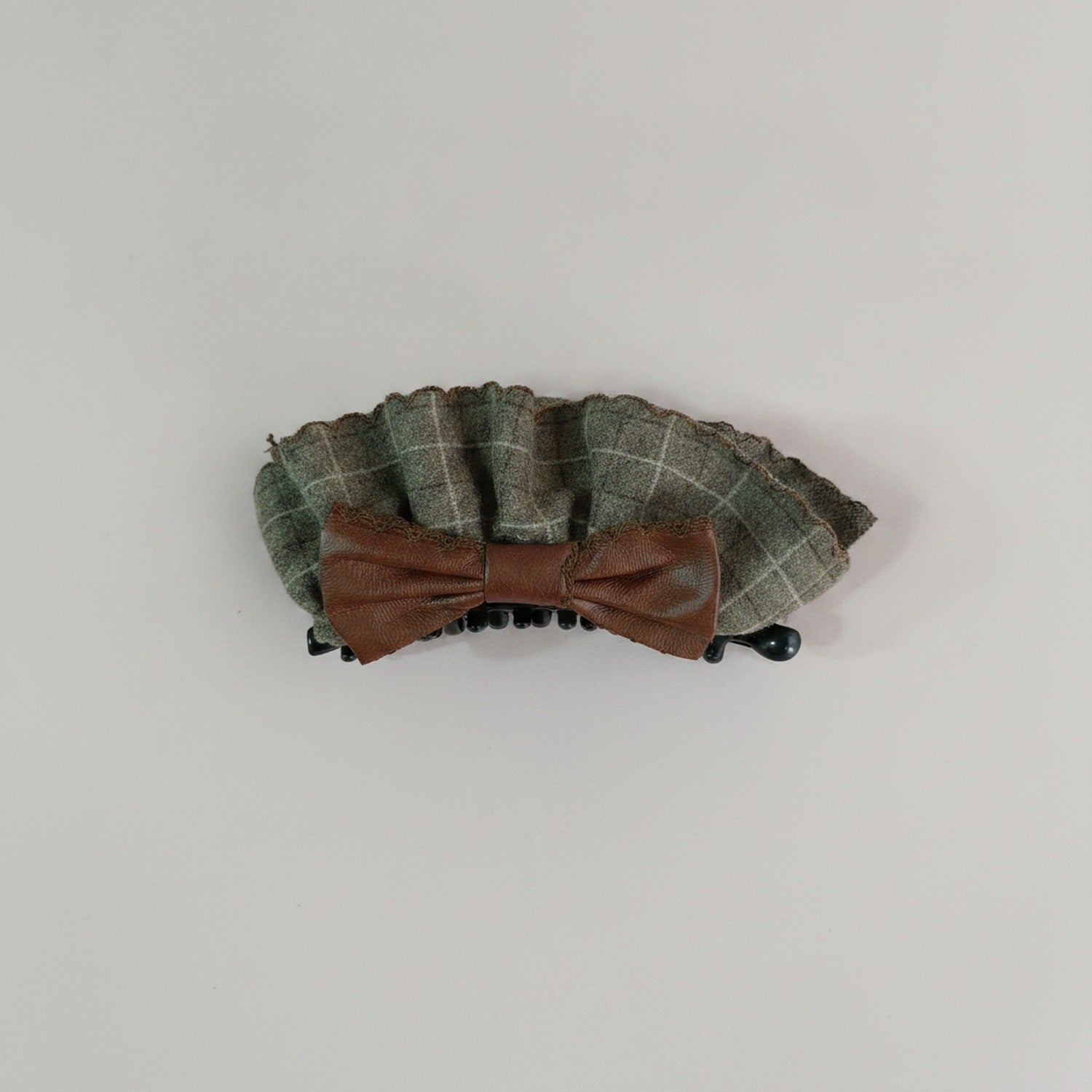 Green Plaid Wool Hair Claw With Brown Bow