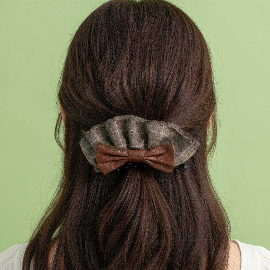 Green Plaid Wool Hair Claw With Brown Bow – hair accessories (view 2)