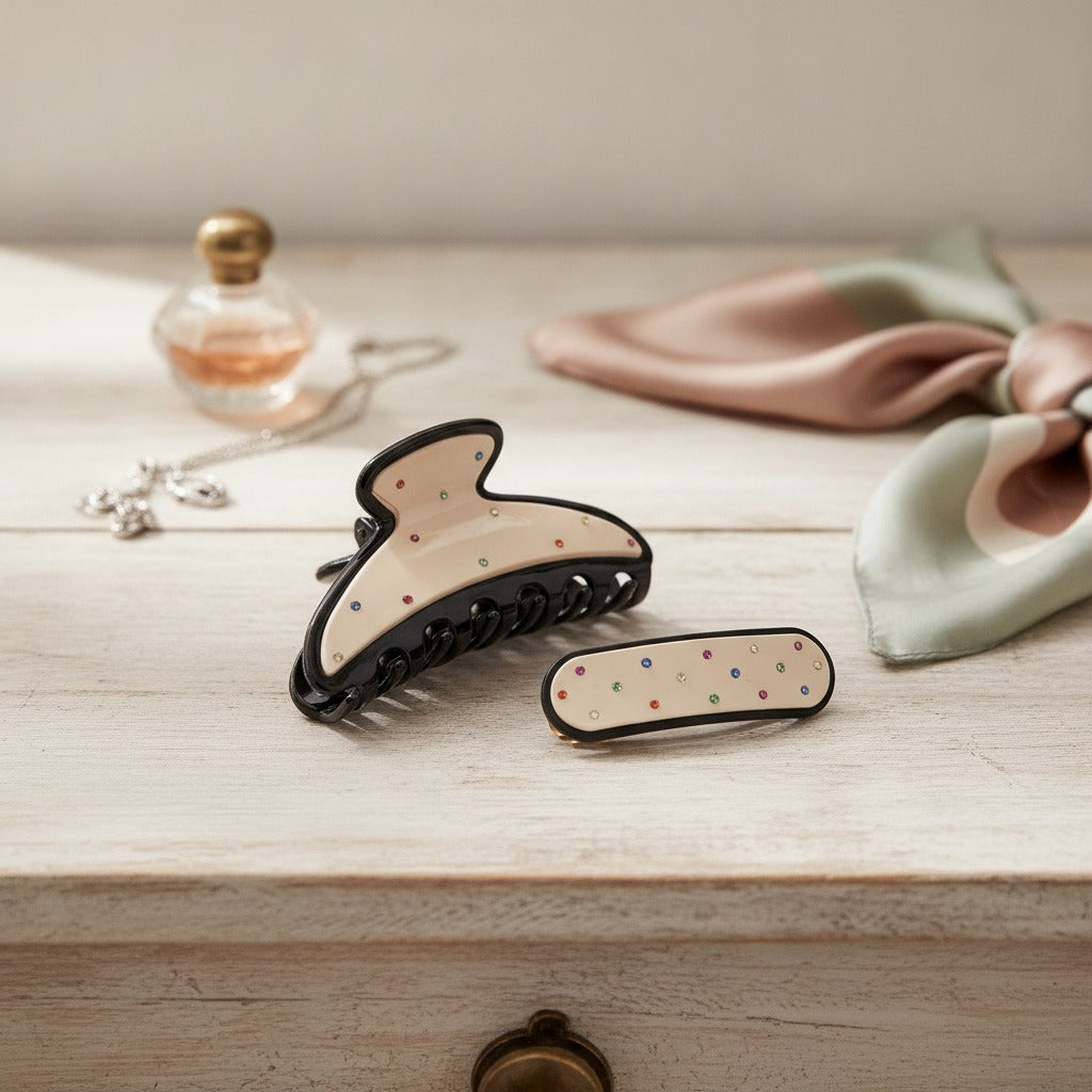 Rhinestone Hair Claw Clip Set Cream Black – hair accessories (view 2)