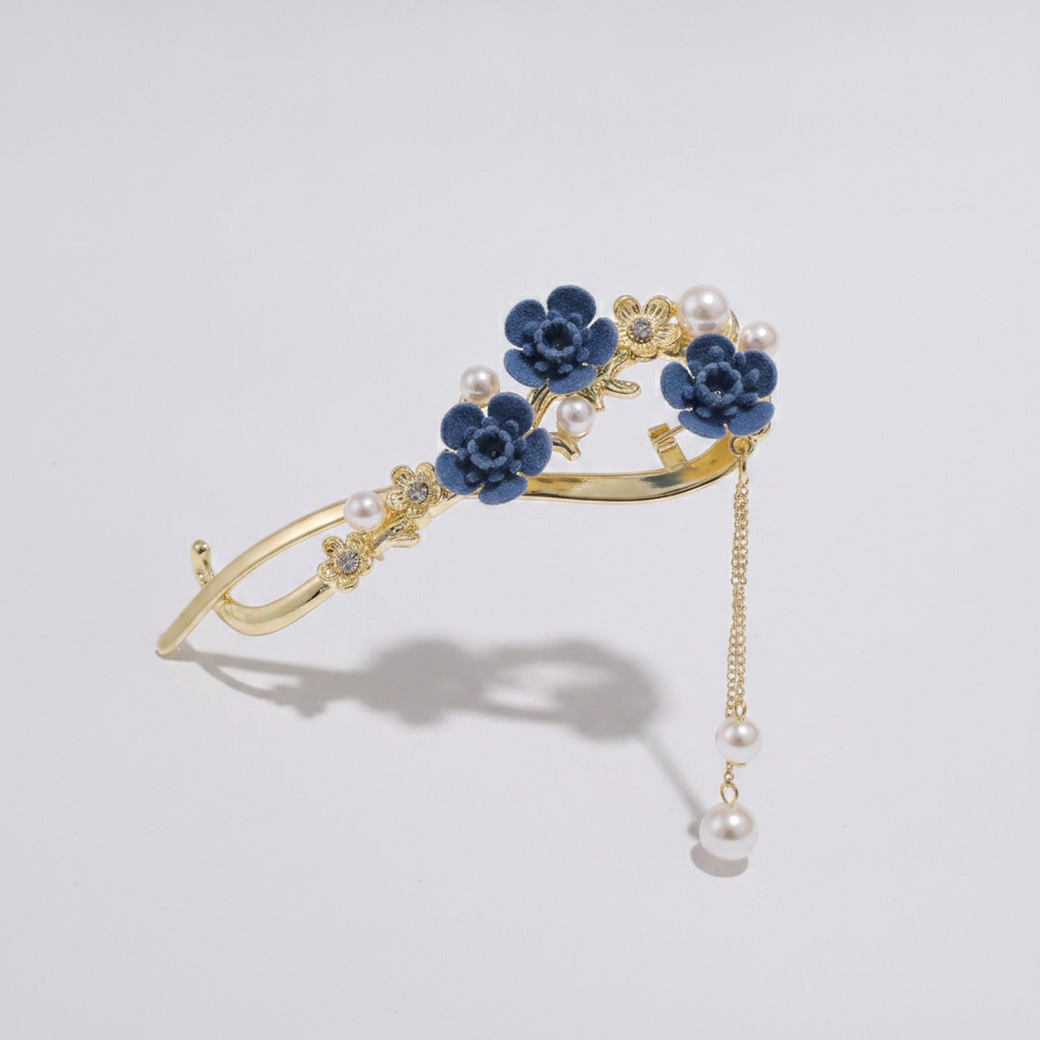 Blue Velvet Floral Hair Claw With Pearl Chain