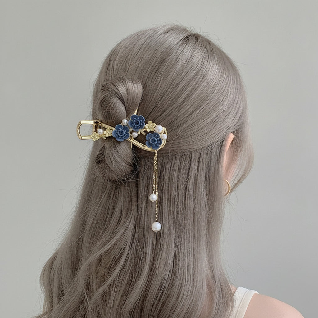 Blue Velvet Floral Hair Claw With Pearl Chain – hair accessories (view 3)