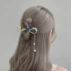 Blue Velvet Floral Hair Claw With Pearl Chain – hair accessories (view 3)