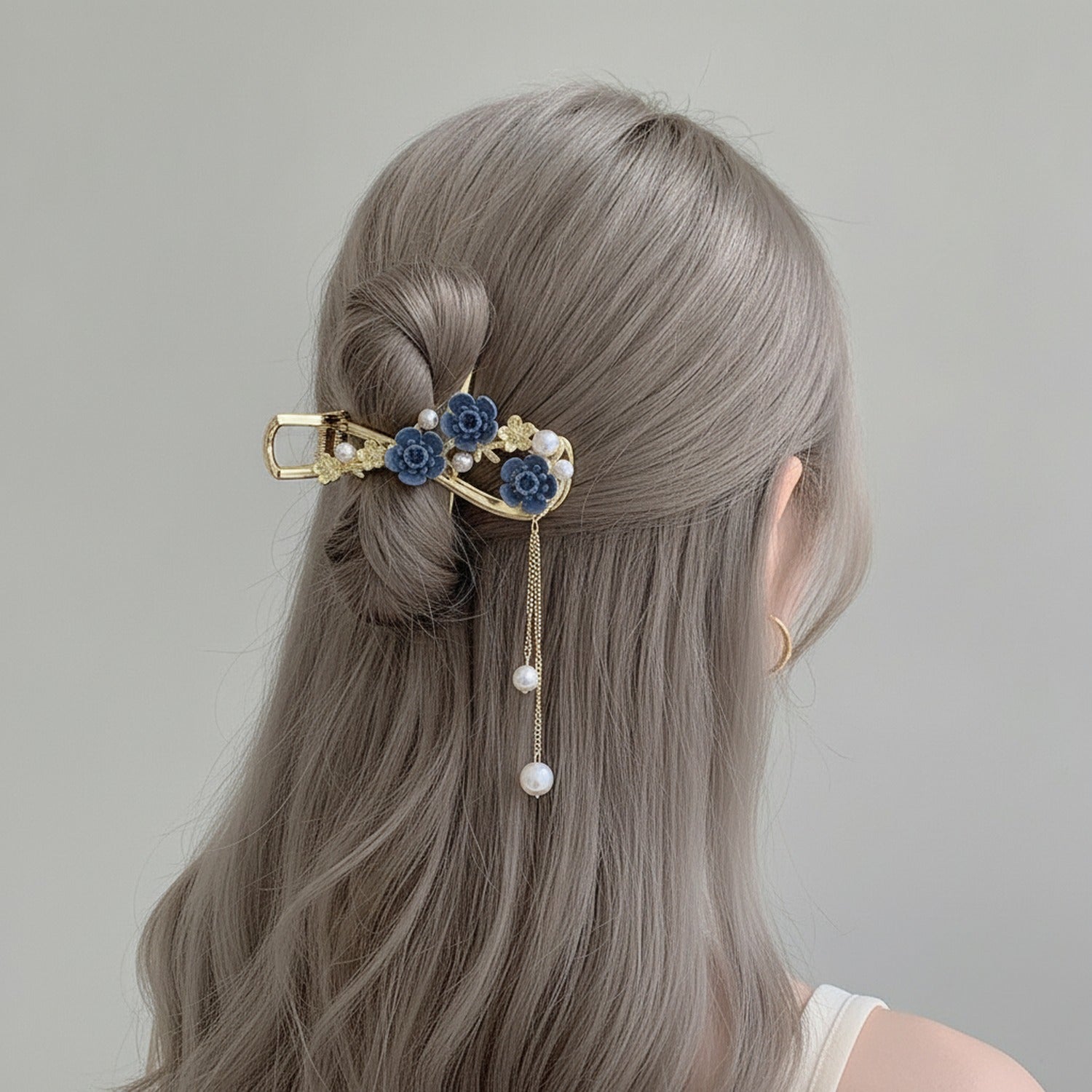 Blue Velvet Floral Hair Claw With Pearl Chain