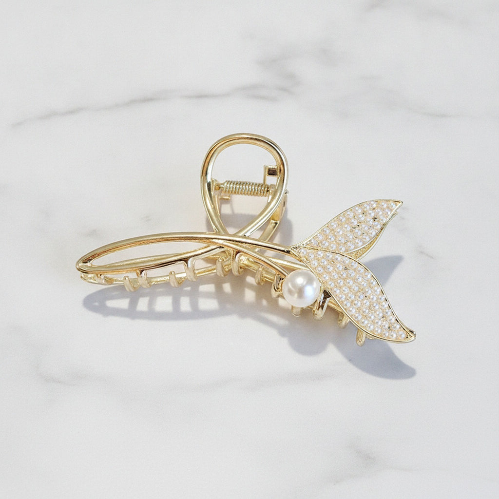 Gold Pearl Butterfly Rhinestone Hair Claw – hair accessories (view 2)