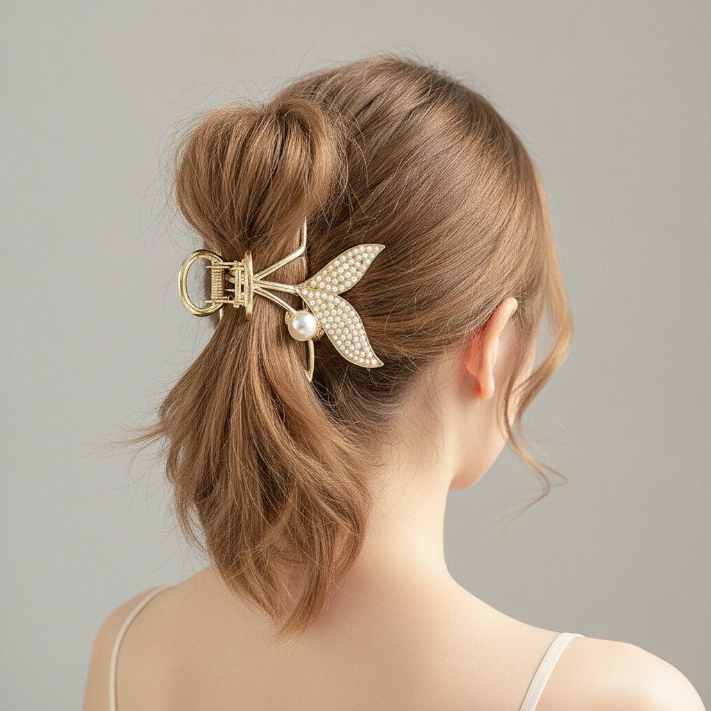 Gold Pearl Butterfly Rhinestone Hair Claw – hair accessories (view 3)