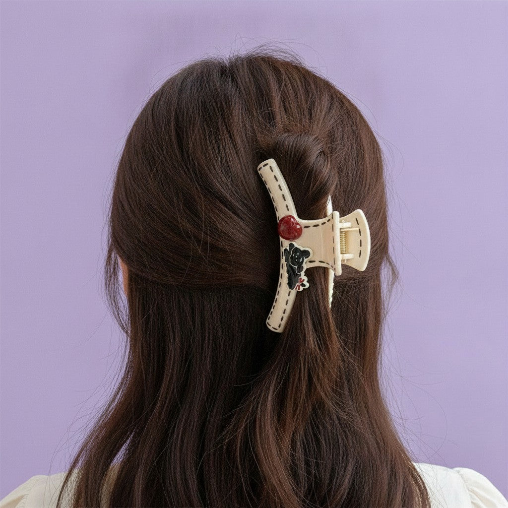 Cream Stitched Hair Claw With Charm Details – hair accessories (view 3)