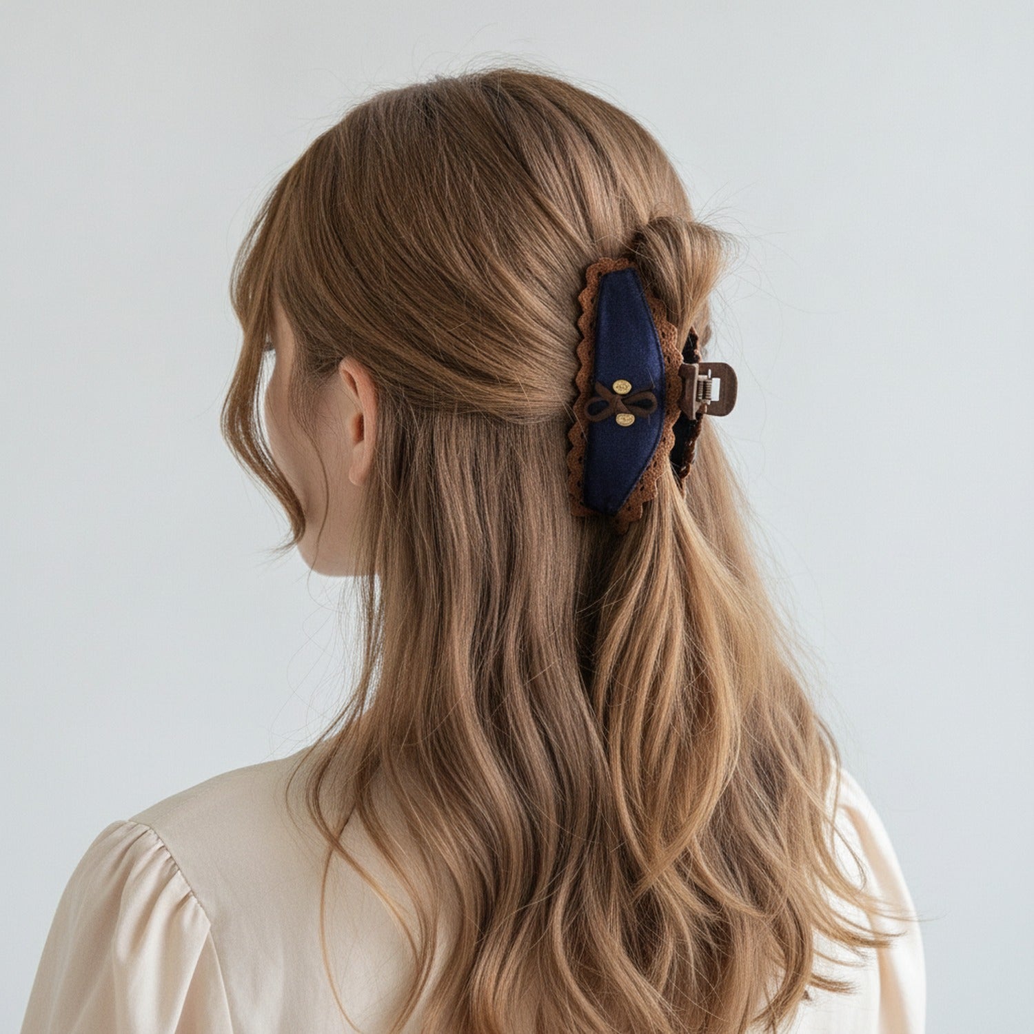 Navy Lace Claw Hair Clip With Tan Trim