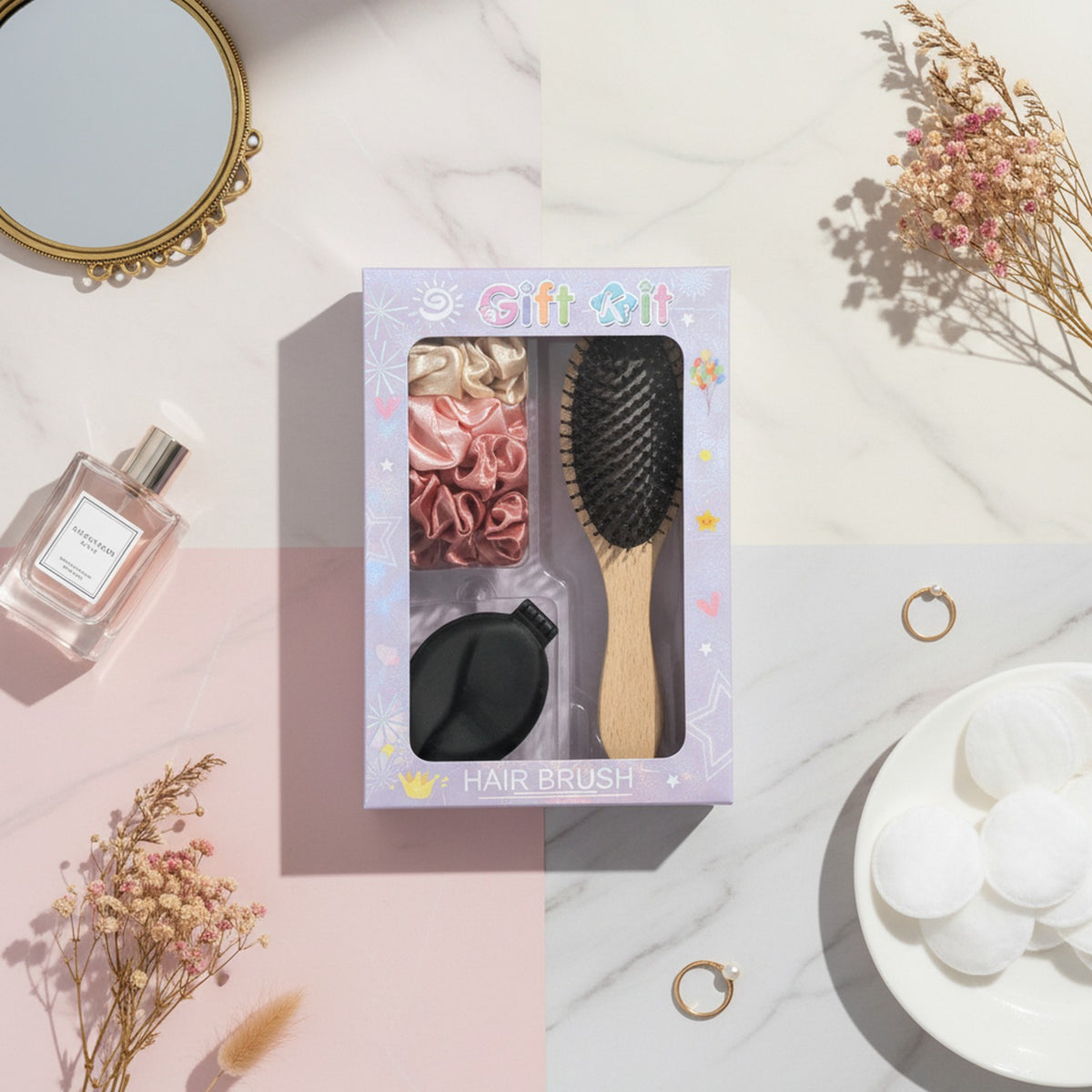 Hair Brush Set With Pink Silk Scrunchies – Korean beauty tool (view 3)