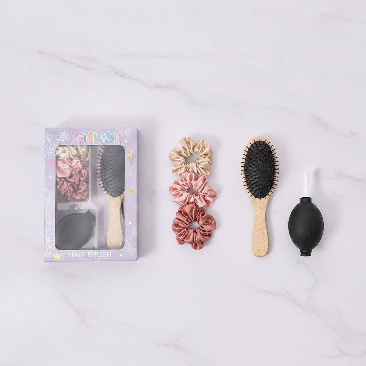 Hair Brush Set With Pink Silk Scrunchies