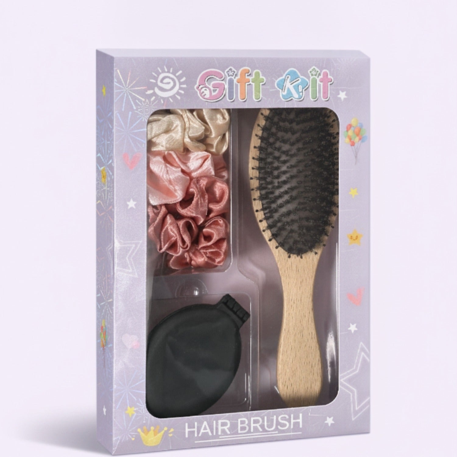 Hair Brush Set With Pink Silk Scrunchies