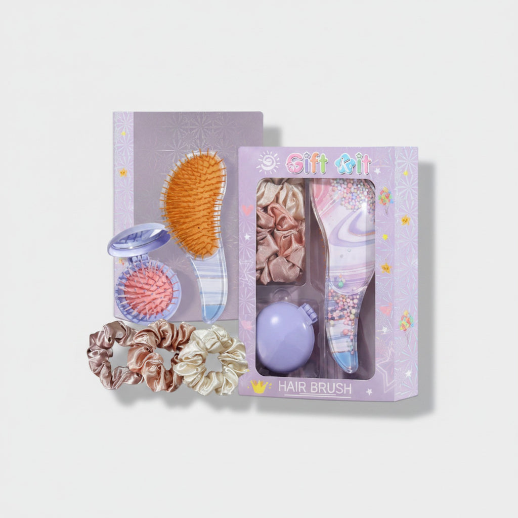 Purple Beaded Hair Brush Gift Set With Scrunchies