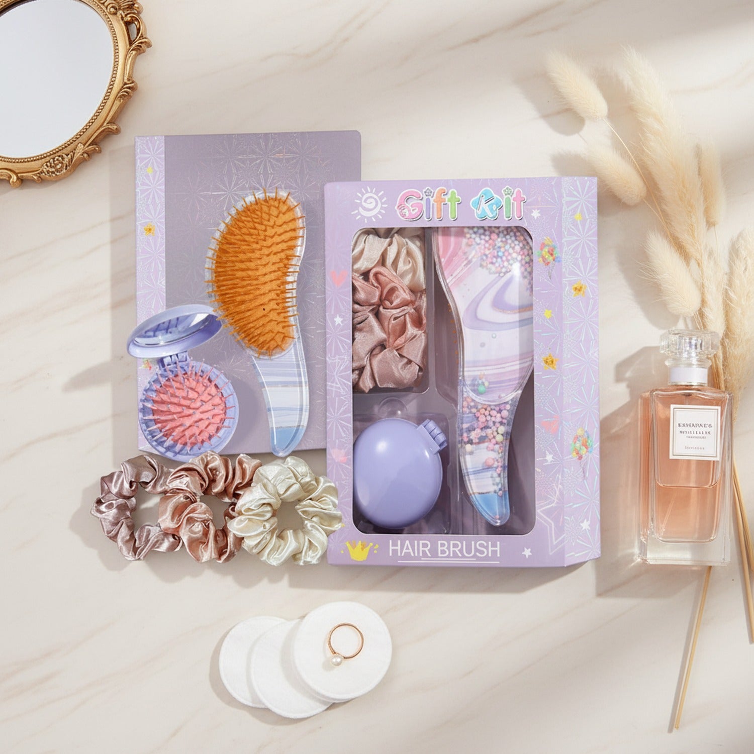 Purple Beaded Hair Brush Gift Set With Scrunchies – Korean beauty tool (view 3)