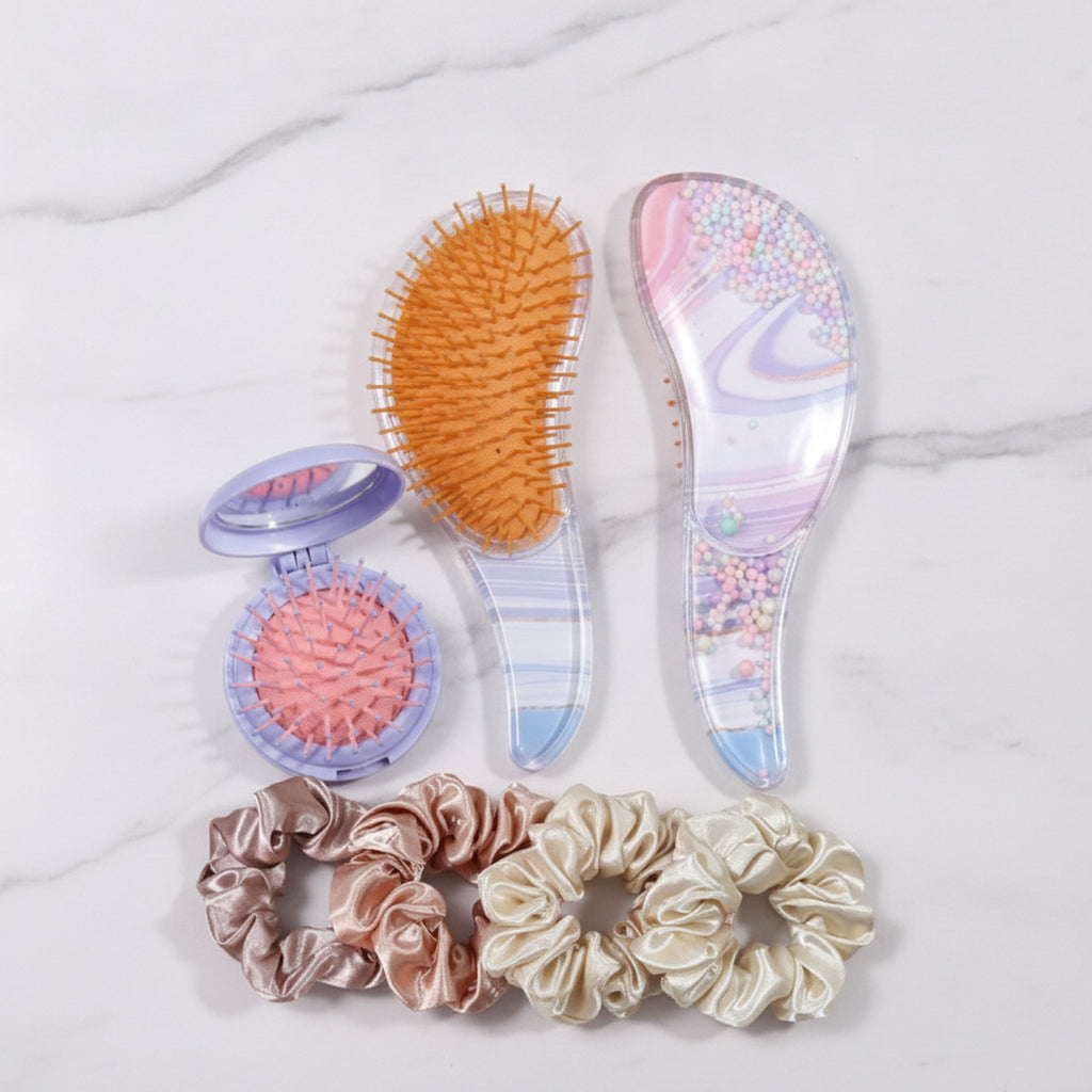 Purple Beaded Hair Brush Gift Set With Scrunchies – Korean beauty tool (view 2)