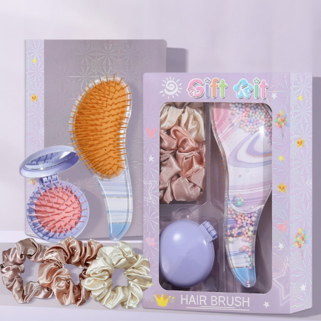 Purple Beaded Hair Brush Gift Set With Scrunchies – Korean beauty tool (view 1)