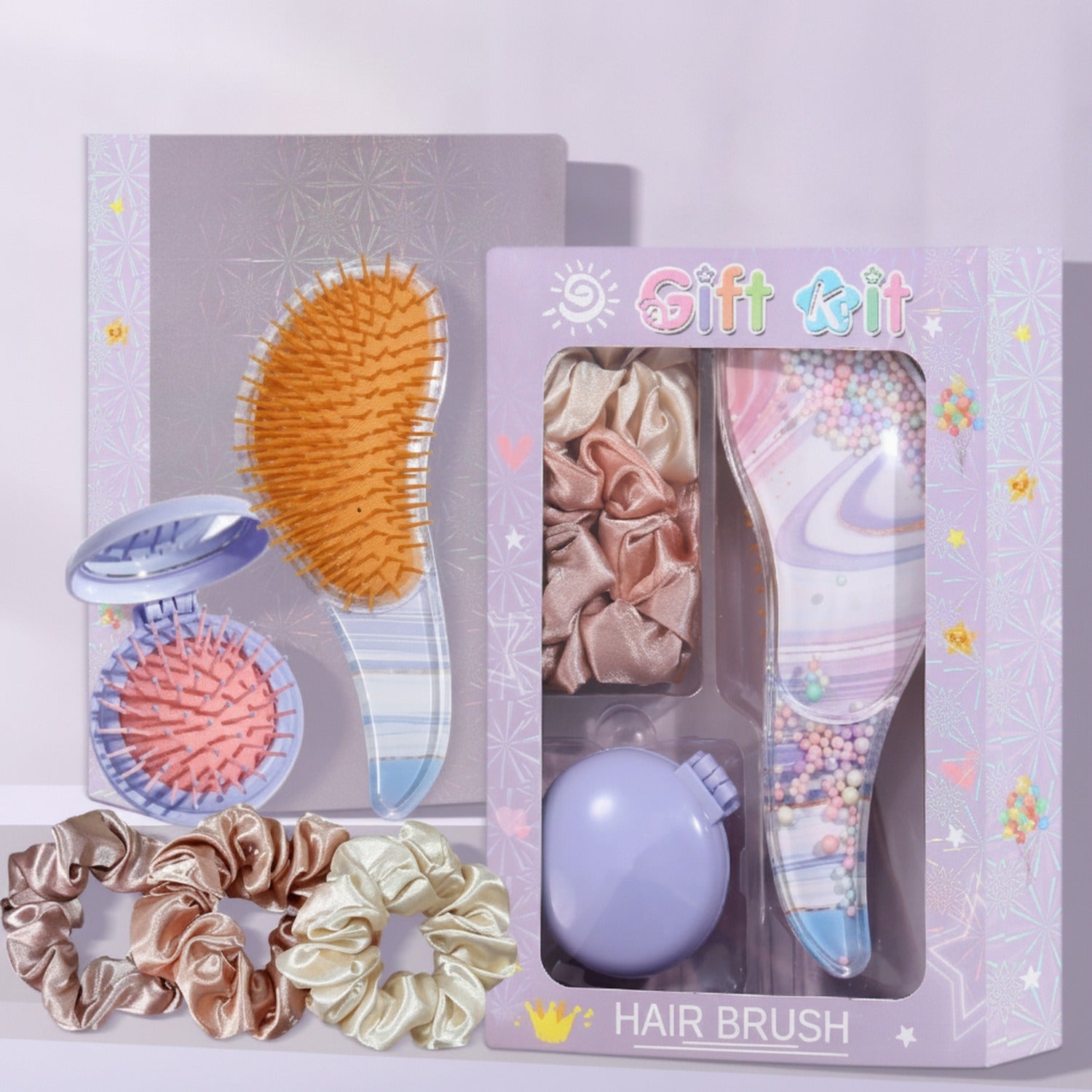 Purple Beaded Hair Brush Gift Set With Scrunchies