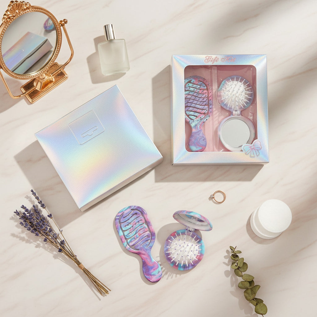 Holographic Hair Brush And Mirror Gift Set – Korean beauty tool (view 3)
