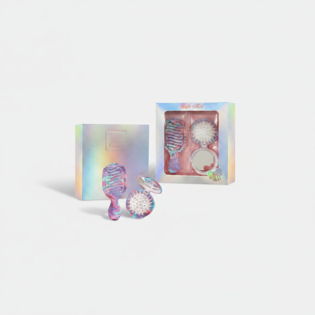 Holographic Hair Brush And Mirror Gift Set – Korean beauty tool (view 1)