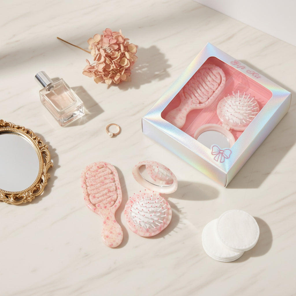 Pink Pearl Detangling Brush And Mirror Set – Korean beauty tool (view 3)