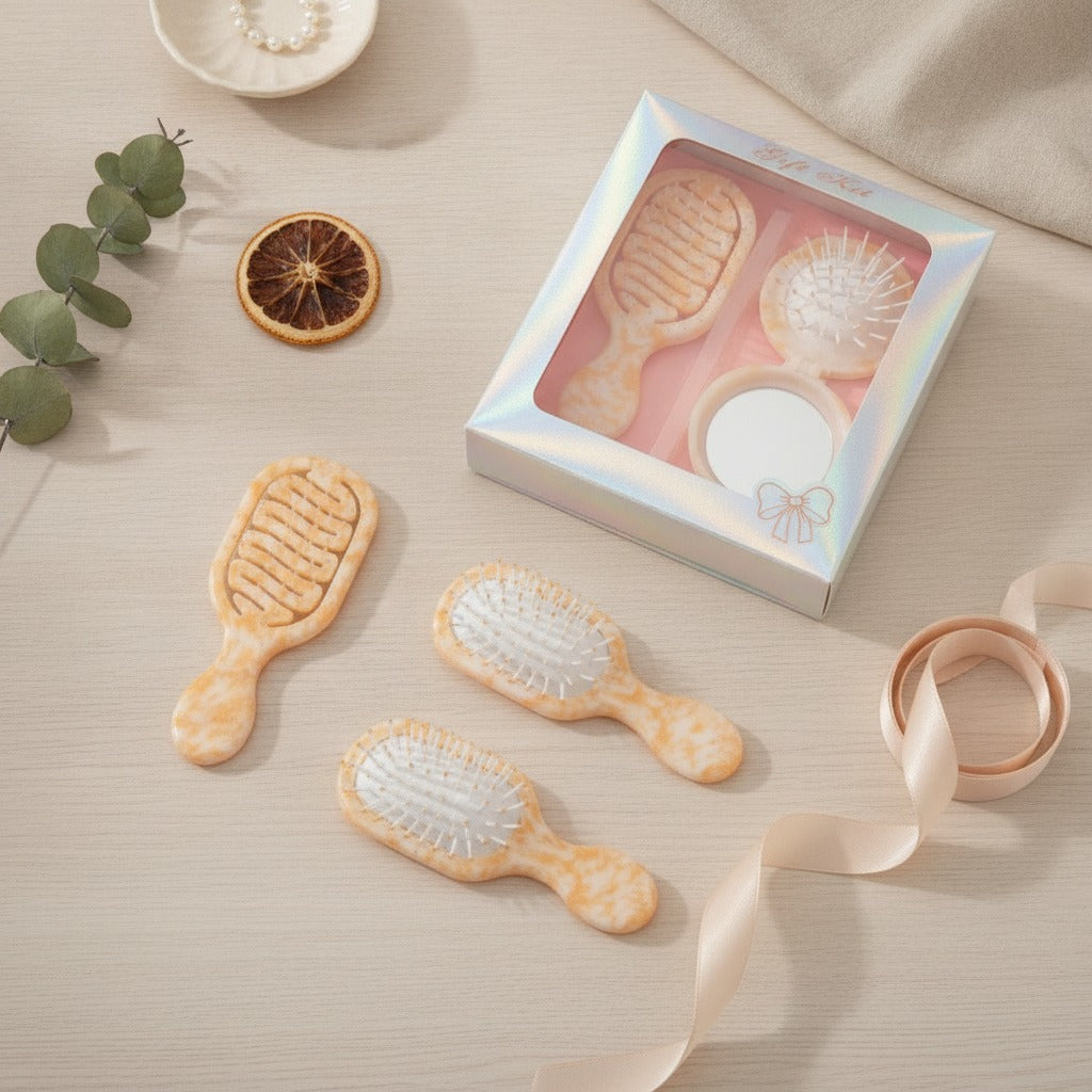 Golden Pearl Hairbrush Mirror Bow Set – Korean beauty tool (view 2)