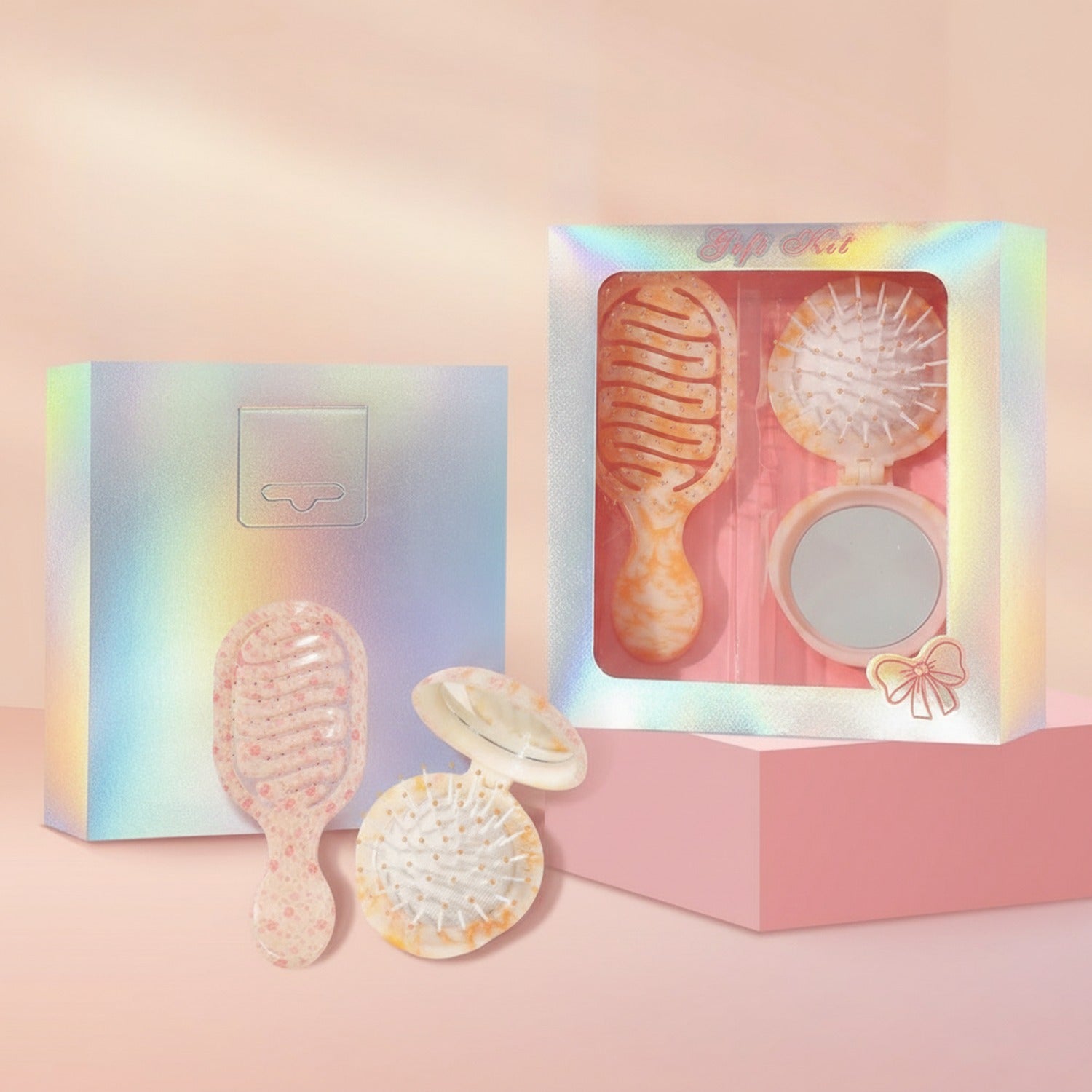 Golden Pearl Hairbrush Mirror Bow Set