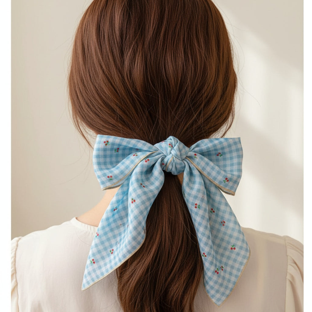 Blue Gingham Cherry Print Neck Scarf