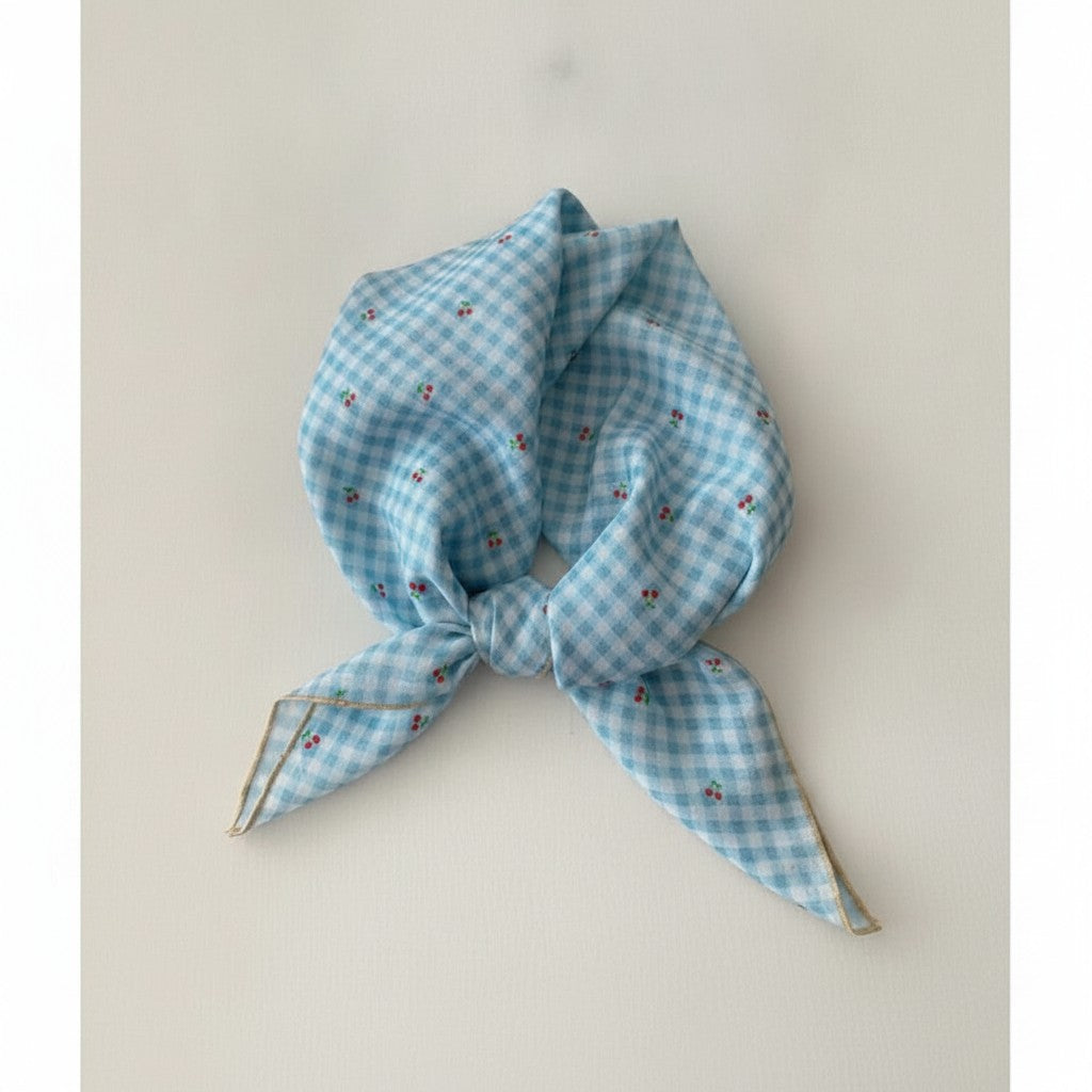 Blue Gingham Cherry Print Neck Scarf