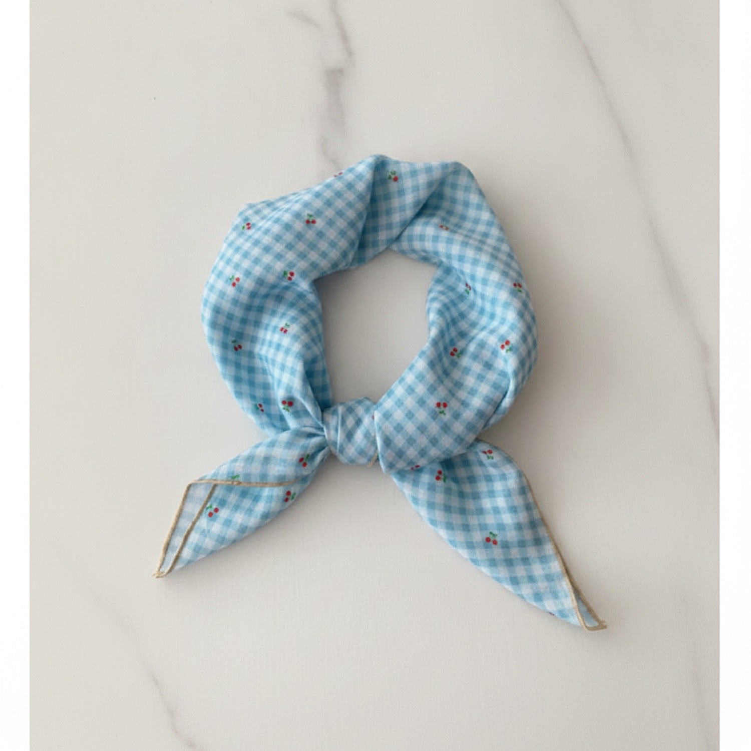 Blue Gingham Cherry Print Neck Scarf