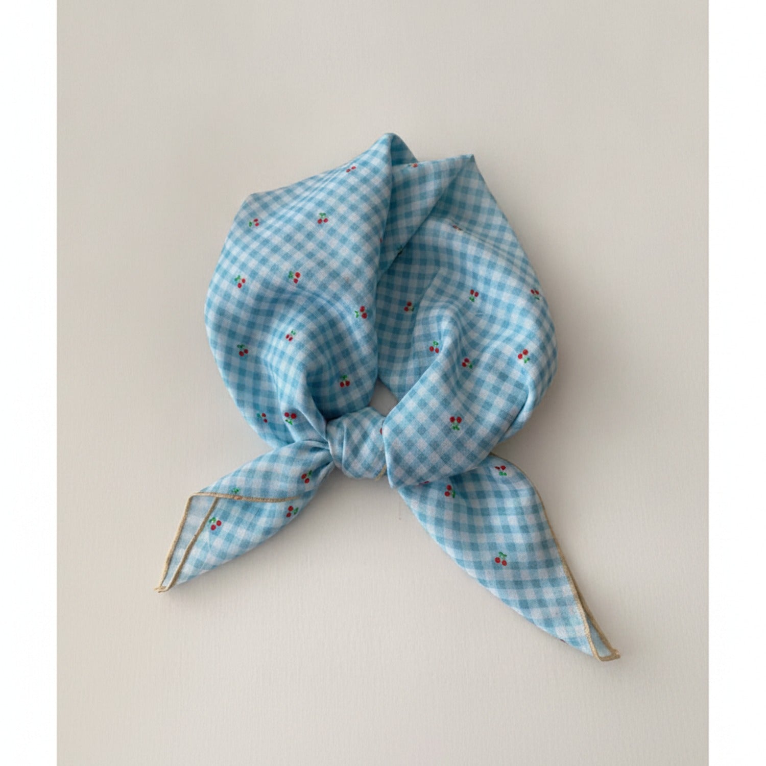 Blue Gingham Cherry Print Neck Scarf
