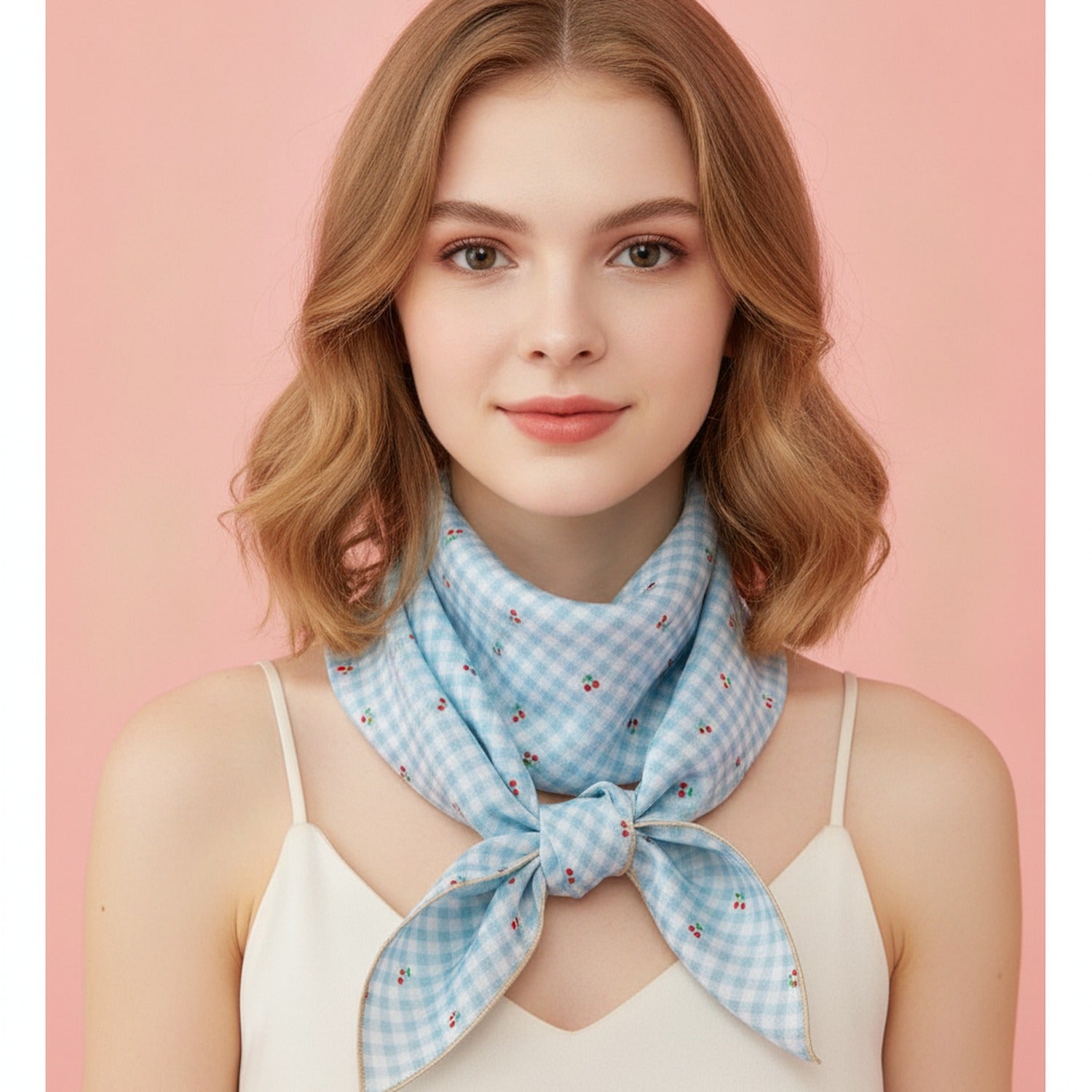 Blue Gingham Cherry Print Neck Scarf