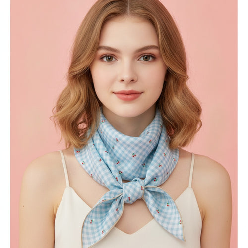 Blue Gingham Cherry Print Neck Scarf