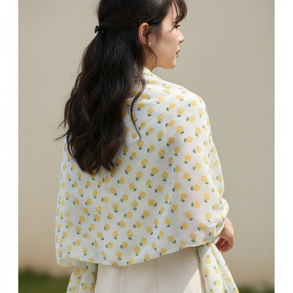 Yellow Floral Print Lightweight Scarf Wrap