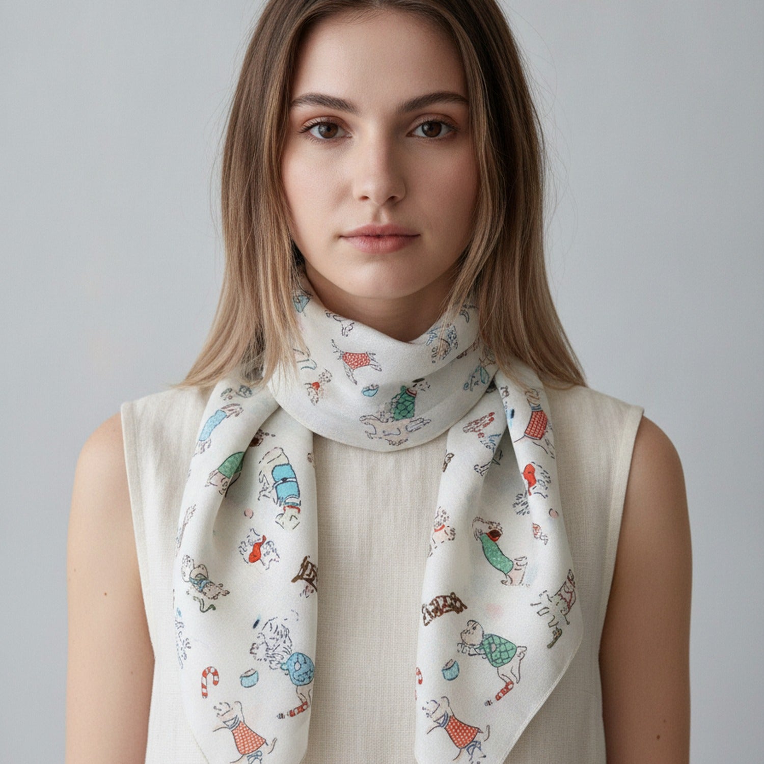 Vintage Storybook Print Linen Hair Scarf Bow