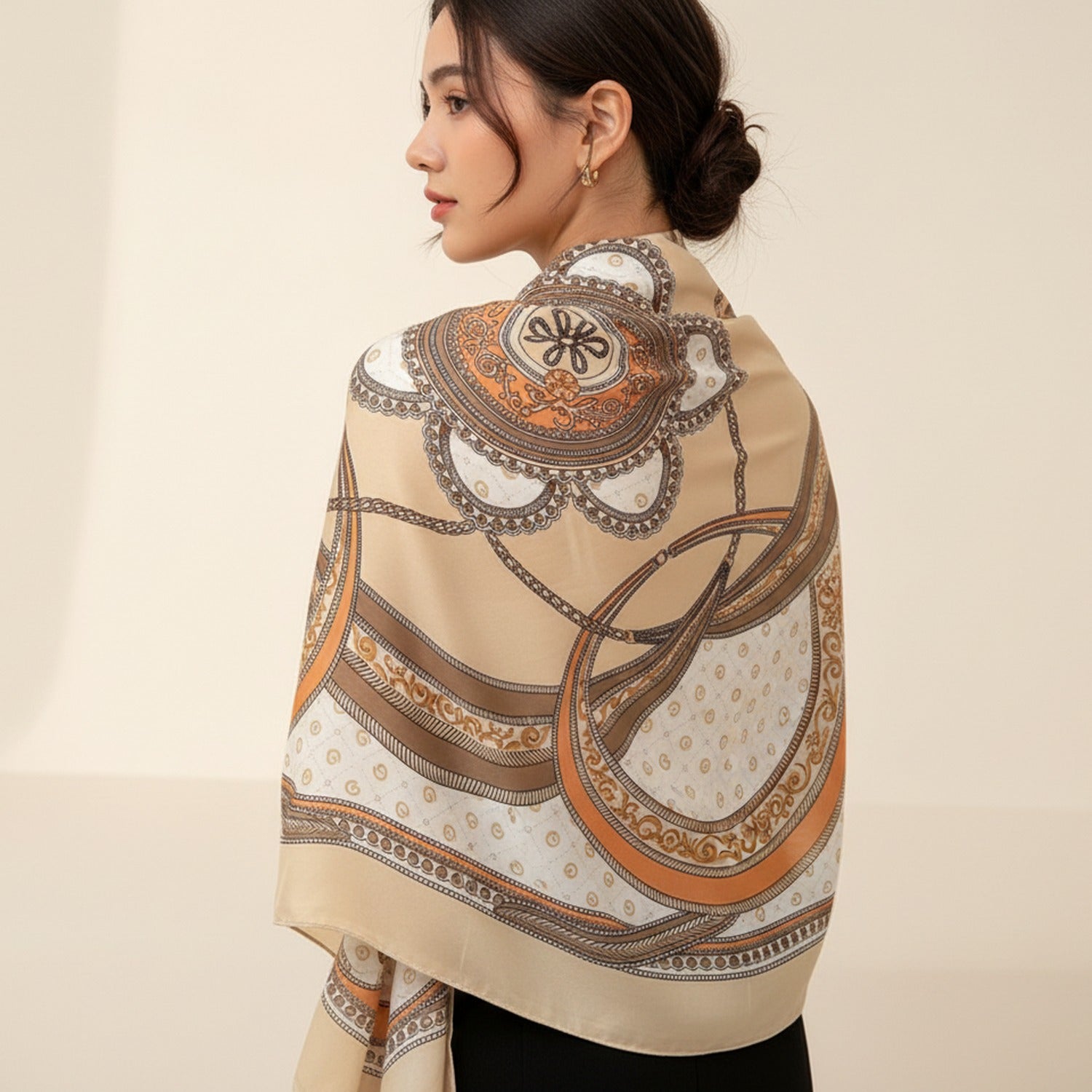 Cream Chain Print Silk Square Scarf