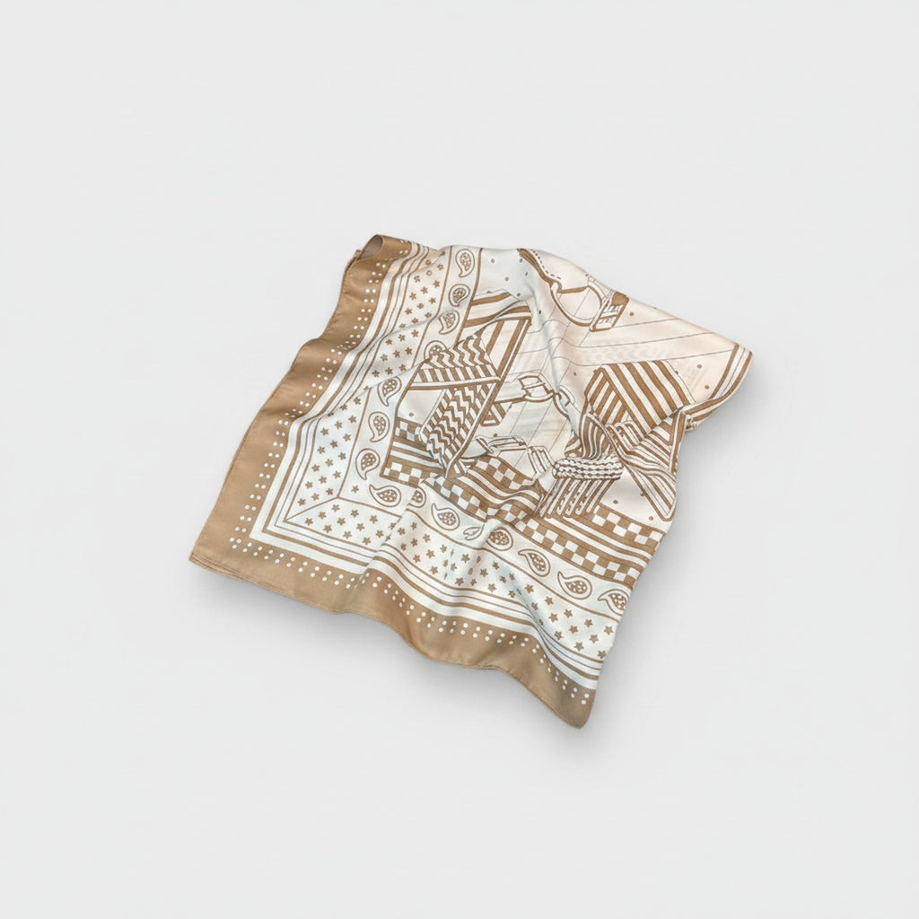Tan Geometric Paisley Square Silk Scarf