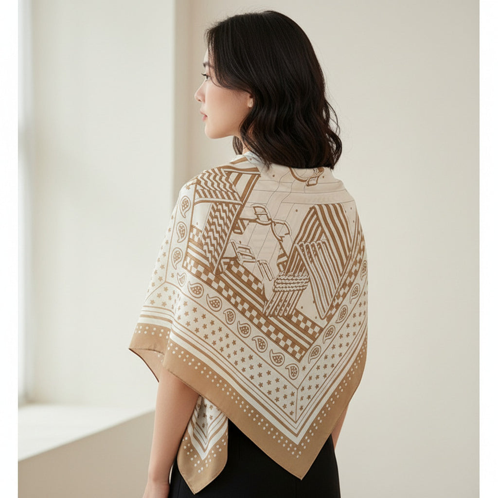 Tan Geometric Paisley Square Silk Scarf