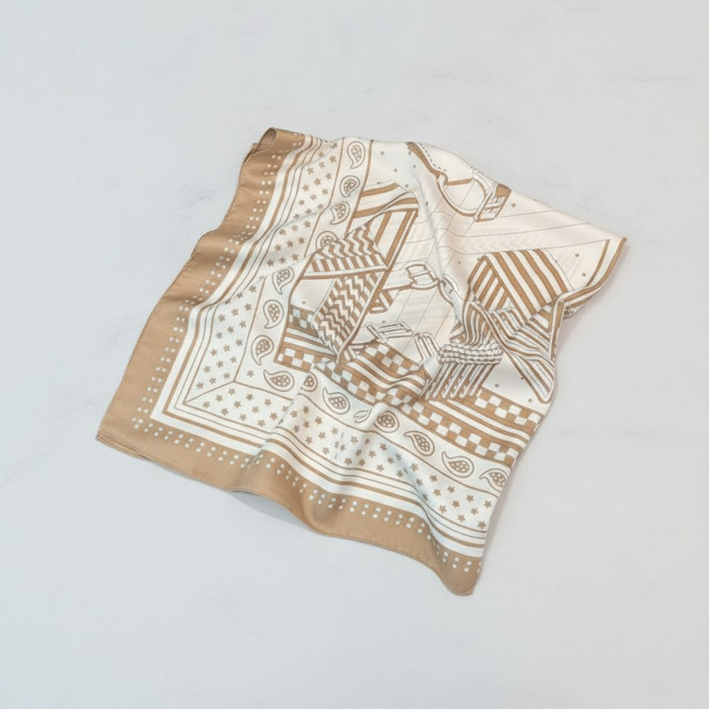 Tan Geometric Paisley Square Silk Scarf
