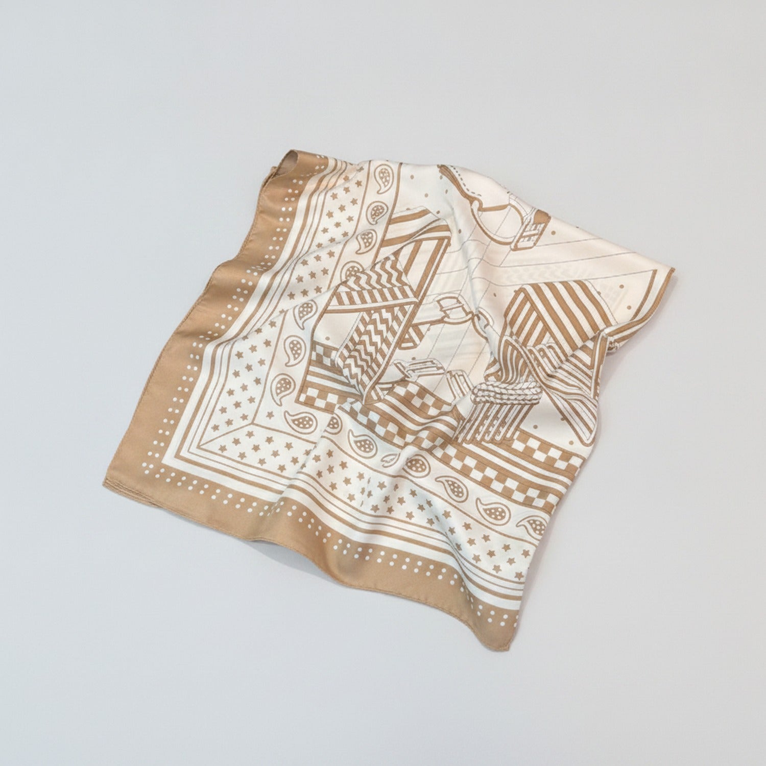 Tan Geometric Paisley Square Silk Scarf
